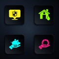 Set Lifebuoy in hand, Location shield, Piggy bank and House flood. Black square button. Vector