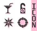 Set Lifebuoy, Martini glass, Wind rose and Please do not disturb icon. Vector