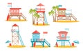 Set of Lifeguard Station Towers Isolated on White Background. Rescue Beach Watchtower Buildings with Ladder and Lifebuoy