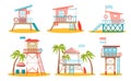 Set Lifeguard Station Towers, Rescue Beach Watchtowers Buildings on Piles with Lifebuoys, Flags and Unbrella with Chairs