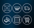 Lift, Mocha and Truck delivery icons. Minimize, Atm money and Shopping cart signs.