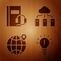 Set Light bulb with concept of idea, Audio book, Location on the globe and Cloud or online library on wooden background Royalty Free Stock Photo