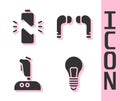 Set Light bulb with concept of idea, Broken battery, Joystick for arcade machine and Air headphones icon. Vector