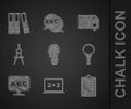 Set Light bulb with concept of idea, Chalkboard, Clipboard checklist, Magnifying glass, Alphabet, Drawing compass