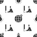 Set Light bulb with concept of idea, Location on the globe and Student working at laptop on seamless pattern. Vector