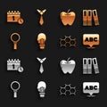 Set Light bulb with concept of idea, Office folders, Alphabet, Chemical formula, Magnifying glass, Apple, Calendar first