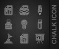 Set Light bulb, Document settings, Board with graph, USB flash drive, Mountains flag on top, Glue, Marker pen and chart Royalty Free Stock Photo
