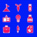 Set Light bulb, Fountain pen nib, Document with graph chart, Glue, Briefcase, Identification badge, USB flash drive and