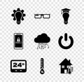 Set Light bulb and gear, Smart glasses, graduation cap, Thermostat, Humidity, House temperature, Mobile password