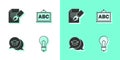 Set Light bulb with idea, Exam sheet and pencil, Graduation cap in speech bubble and Chalkboard icon. Vector