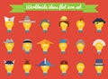 Set of light bulb ideas in national hats and haircuts flat design. Icons of worldwide creativity, ideas, knowledge and education.