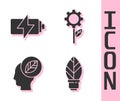 Set Light bulb with leaf, Battery, Human head with leaf inside and Leaf plant in gear machine icon. Vector. Royalty Free Stock Photo
