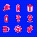 Set Light bulb with leaf, Gear and arrows as workflow, Human head inside, Location, Eco fuel barrel, Battery, Trash can Royalty Free Stock Photo