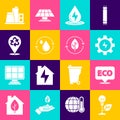 Set Light bulb with leaf, Label for eco healthy food, Gear and lightning, Water energy, Recycle clean aqua, Factory and