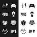 Set Light bulb with leaf, Solar energy panel and battery, wind turbine, Hydrogen car, light and Chain link line icon Royalty Free Stock Photo