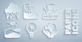 Set Light bulb with leaf, Tornado, Drought, Hand holding Earth globe, Wastewater and Storm icon. Vector