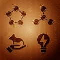 Set Light bulb with lightning, Molecule, Test tube and flask and Molecule on wooden background. Vector