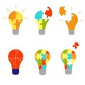 Set light bulb made of puzzle pieces. Idea, business, solution, work, insight, brainstorm concept. Vector cartoon Royalty Free Stock Photo