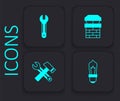 Set Light bulb, Wrench spanner, Chimney and Hammer and wrench icon. Black square button. Vector Royalty Free Stock Photo