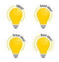 Set of Light bulbs of Idea. Yellow glowing light bulbs with text. Symbol of idea, solution and thinking. Flat style icon. Vector Royalty Free Stock Photo