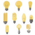 Set of light bulbs. Light bulb collection in flat style. Electric lighting. LED light bulbs. Illustration for children.