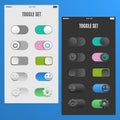 Set light and dark toggle switch to web design the of UI UX mobile applications. Switches in different positions off on Royalty Free Stock Photo