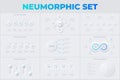 Set of light neumorphic infographic slides. Business data visualization for presentation. Unique neumorphism design set