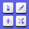 Set Lighter, Hunter knife, Swiss army and Crossed bullet with arrow icon. White square button. Vector