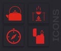 Set Lighter, Kettle with handle, Campfire and pot and Compass icon. Vector Royalty Free Stock Photo