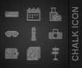 Set Lighthouse, Photo, Road traffic sign, Suitcase, Wallet, Ski goggles, and Air conditioner icon. Vector