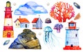 Set with lighthouses, corals, jellyfishes and landscape elements. Hand drawn watercolor sketch illustration on white