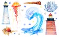 Set with lighthouses, corals, shells, jellyfishes, wave. Hand drawn watercolor sketch illustration on white background