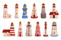 Set Of Lighthouses, Tall Towers With A Bright Light On Top, Used To Guide Ships And Boats Safely Through Dark Waters Royalty Free Stock Photo