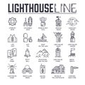 Set of lighthouses, lifeguard equipment thin line icons.