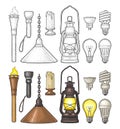 Set lighting object. Torch, candle, flashlight, different types electric lamps Royalty Free Stock Photo