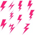 Set of lightning bolt, electricity, and storm icons in pink on a white background.