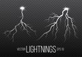 Set of lightning and thunder bolt, storm and lightnings glow effects. Magic and bright sparkle.