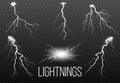 Set of lightning and thunder bolt, storm and lightnings glow effects. Magic and bright sparkle. Royalty Free Stock Photo