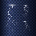 Set of lightnings isolated on transparent background. Vector illustration