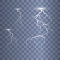 Set of lightnings isolated on transparent background. Vector illustration