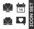 Set Like and heart, Computer monitor with heart, Laptop with heart and Calendar with February 14 icon. Vector