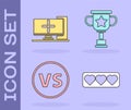 Set Like and heart, Computer monitor, VS Versus battle and Award cup icon. Vector