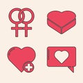 Set Like and heart, Female gender symbol, Candy in heart shaped box and Heart icon. Vector