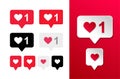 Set of like and heart love button icon. Liked red, black and white bubble. Vector illustration. Isolated on white background.