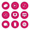 Set Like and heart, Smartphone, mobile phone, Vinyl disk, speech bubble, Speech chat, Music note, tone, and icon. Vector Royalty Free Stock Photo