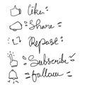 Set of like share repost subscribe follow hand lettering illustration doodle vector