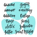 Set of Like Share Repost Subscribe hand lettering stickers. Typographic and calligraphic inscriptions for social media