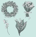 Set of lily of the valley drawings. Hand drawn vector illustration. Royalty Free Stock Photo