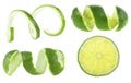 Set of lime fruits isolated on white background. Cutted lime. Lime peel. Slice of lime