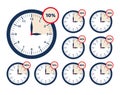 Set limited time offer. Different sale percents set. Collection analog clock icon. Discount last hours offer. Vector Royalty Free Stock Photo